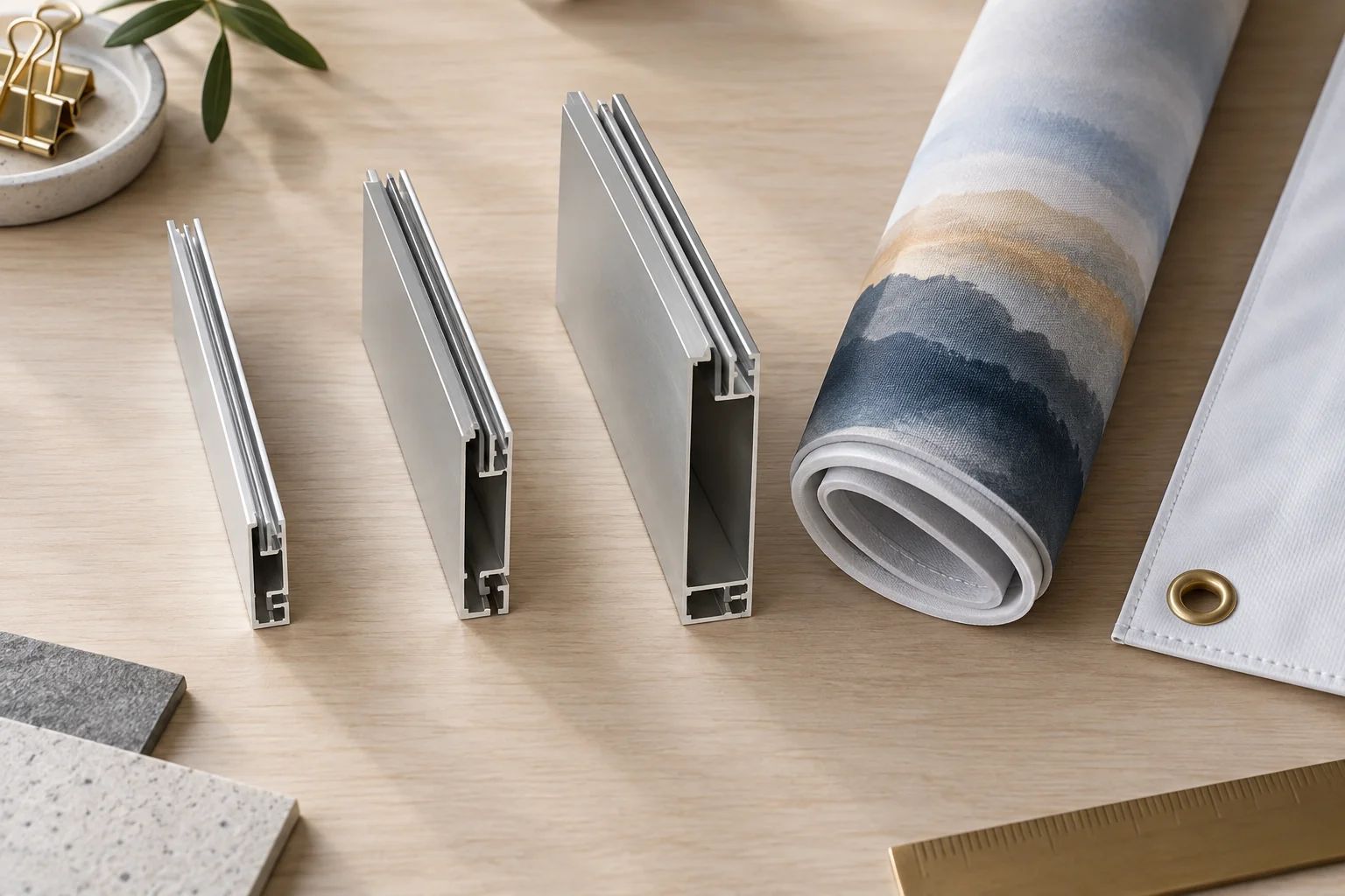 Drei Aluminium-Rahmenprofile in 19, 44 und 80 mm neben einem Spanntuch mit Silikonkeder und einem PVC-Banner mit Öse