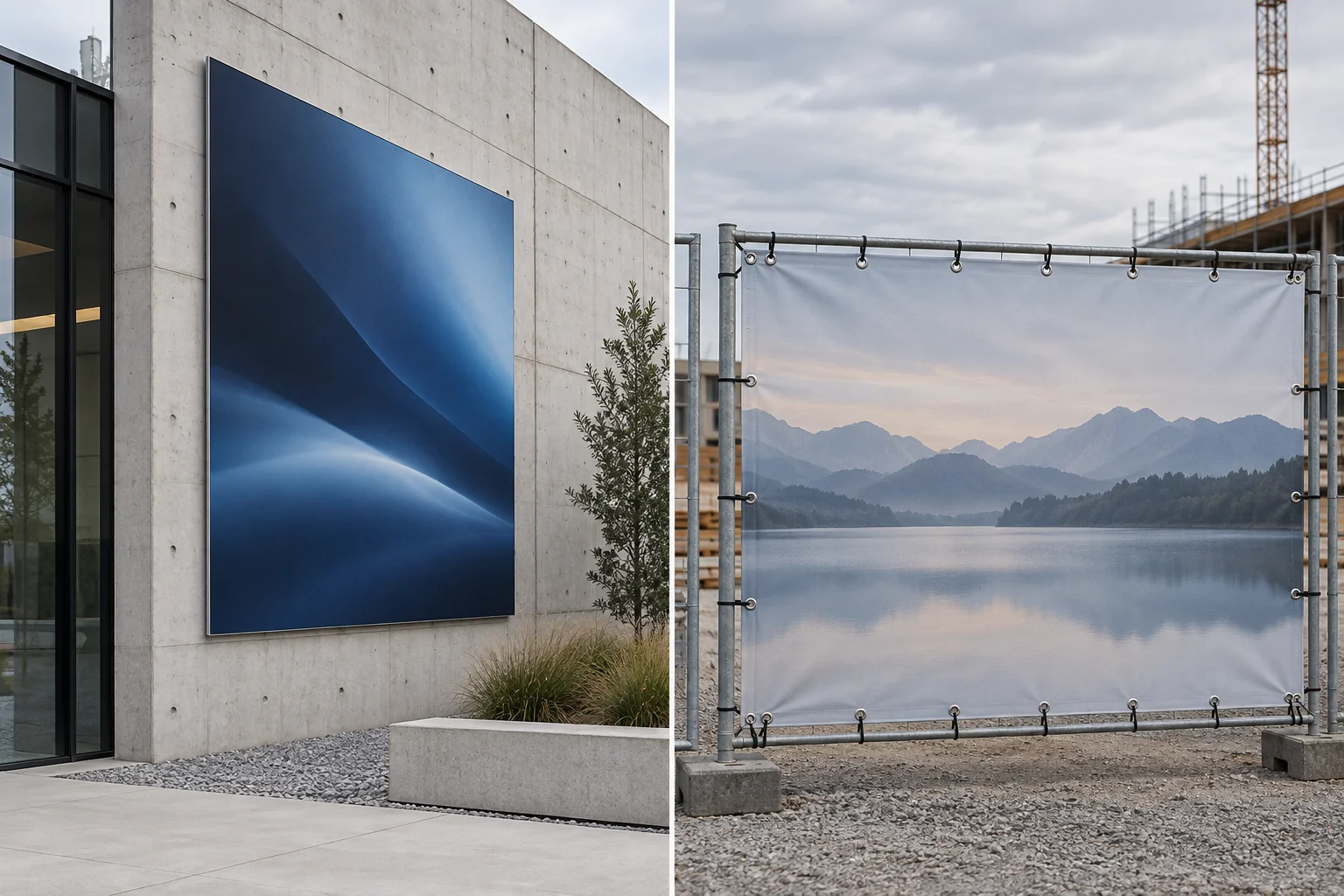 Vergleich: Outdoor-Textilspannrahmen an einer Betonfassade neben einem PVC-Banner mit Ösen an einem Bauzaun