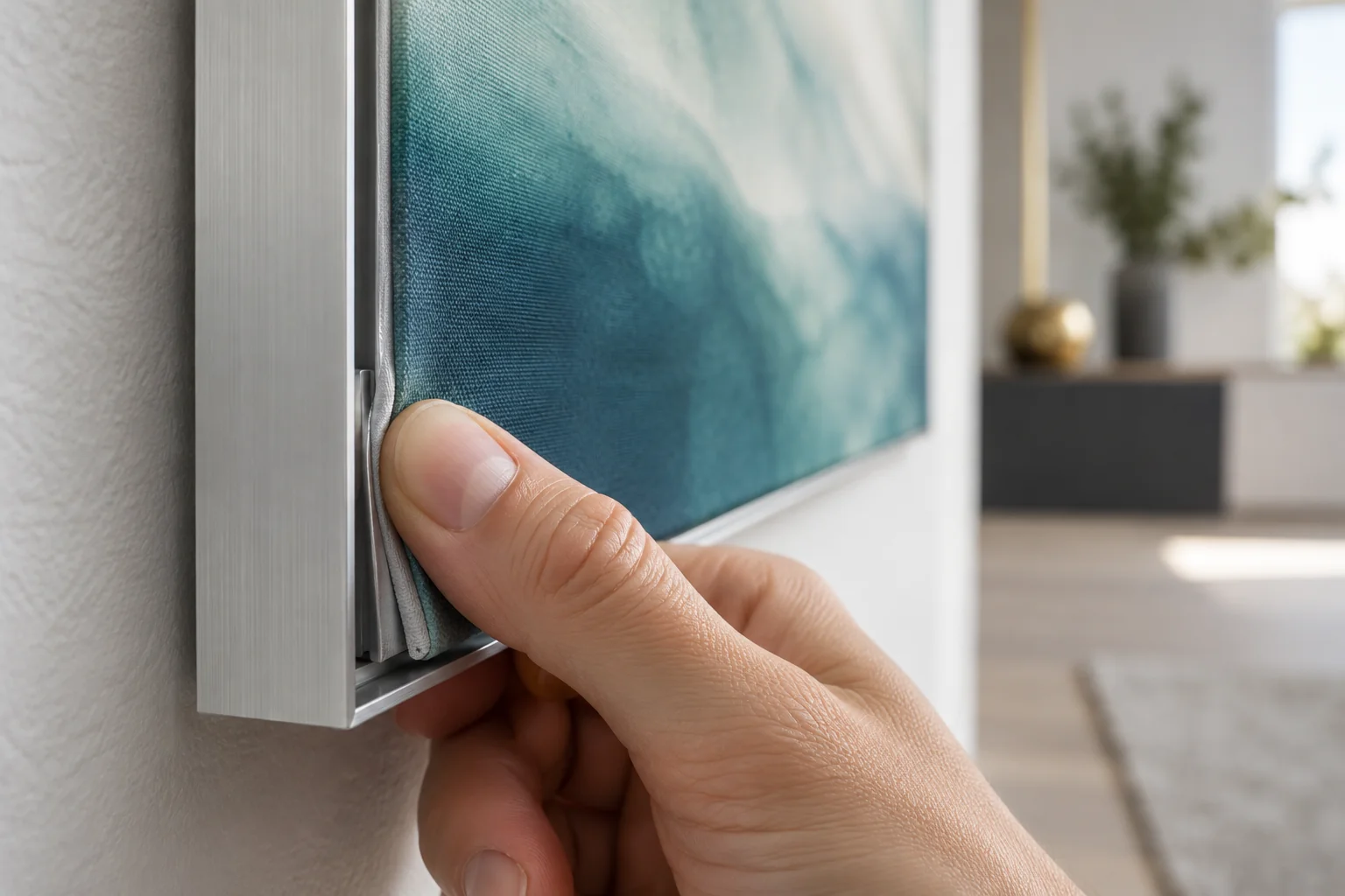 Nahaufnahme eines Aluminium-Kederrahmens: Ein Silikonkeder wird von Hand in die Nut des Profils gedrückt