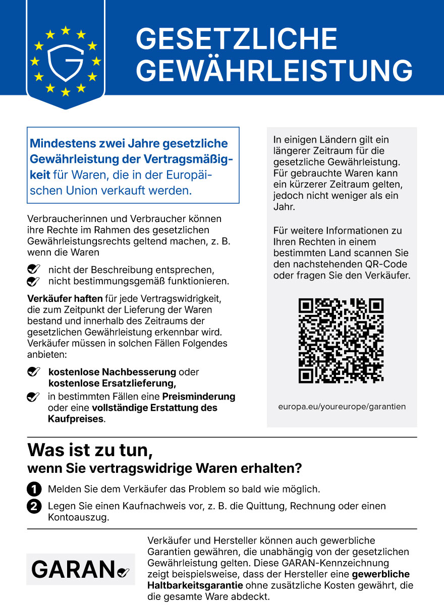 EU-Gewährleistungslabel: Mindestens 2 Jahre gesetzliche Gewährleistung – kostenlose Reparatur, Ersatz, Preisminderung oder Rückerstattung bei Mängeln