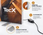 Pop-up LED Rahmen TecX mit bedrucktem Spanntuch, Aluminium-Standfuß und angeschlossenem LED-Steckernetzteil