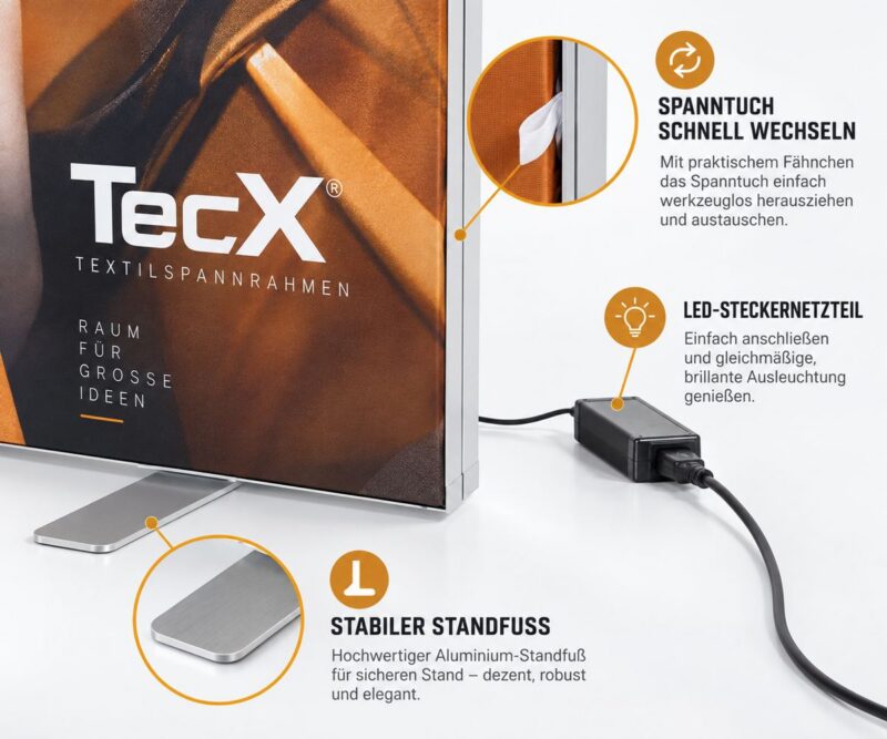 Pop-up LED Rahmen TecX mit bedrucktem Spanntuch, Aluminium-Standfuß und angeschlossenem LED-Steckernetzteil