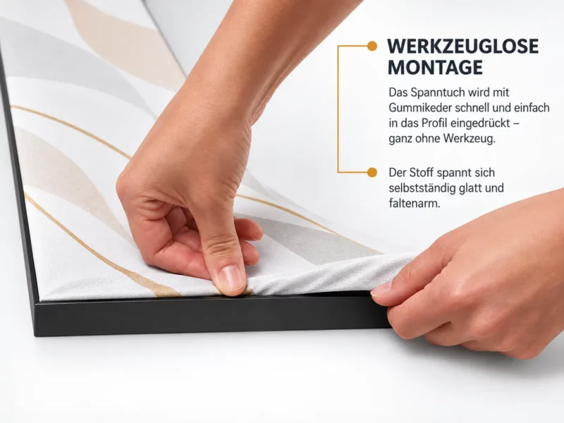 Zwei Hände drücken das Spanntuch mit Gummikeder ohne Werkzeug in das schwarze Aluminiumprofil eines Textilspannrahmens