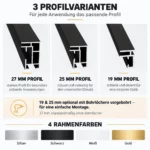 Drei Aluminiumprofile für Textilspannrahmen im Querschnitt: 27 mm, 25 mm und 19 mm, dazu Rahmenfarben Silber, Schwarz, Weiß und Gold