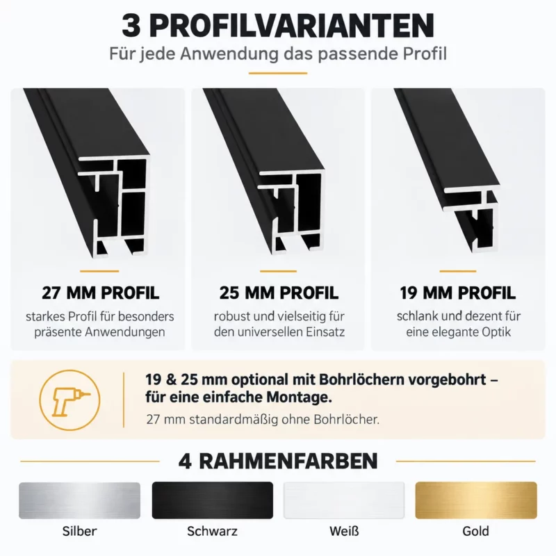 Drei Aluminiumprofile für Textilspannrahmen im Querschnitt: 27 mm, 25 mm und 19 mm, dazu Rahmenfarben Silber, Schwarz, Weiß und Gold