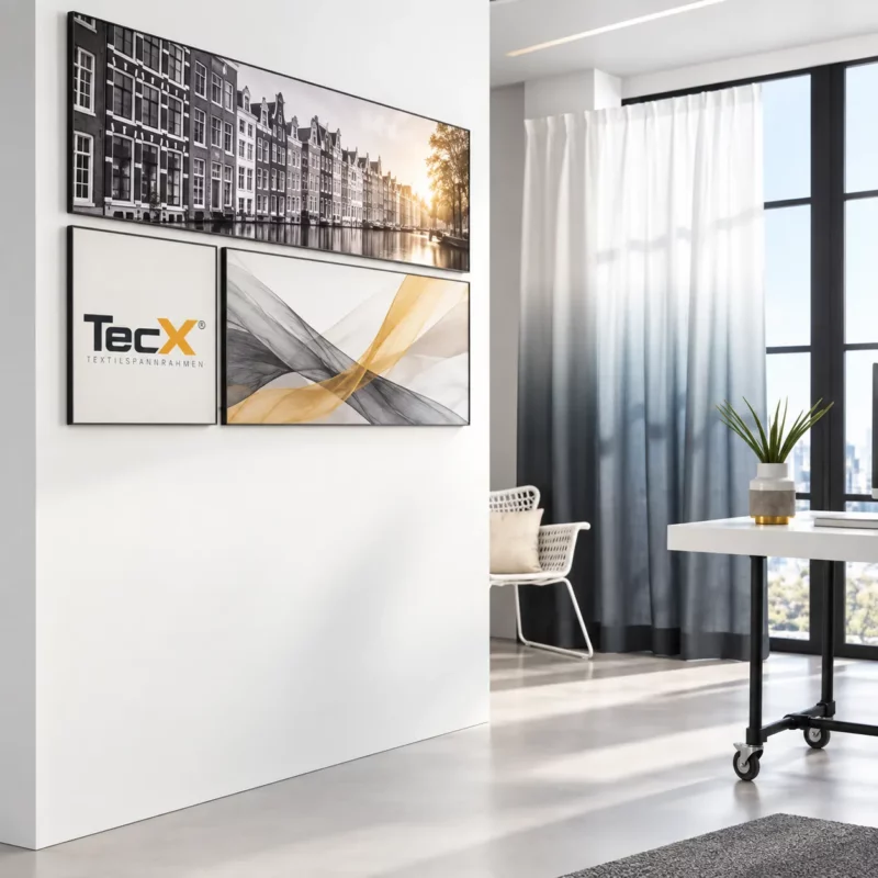 Textilspannrahmen für die Wand im Büro – drei Wandrahmen mit schwarzem Profil als Ensemble Drei Textilspannrahmen mit schwarzem Aluminiumprofil an einer weißen Bürowand: Panoramabild einer Grachtenstadt, TecX-Logo und abstraktes Motiv in Gold und Grau