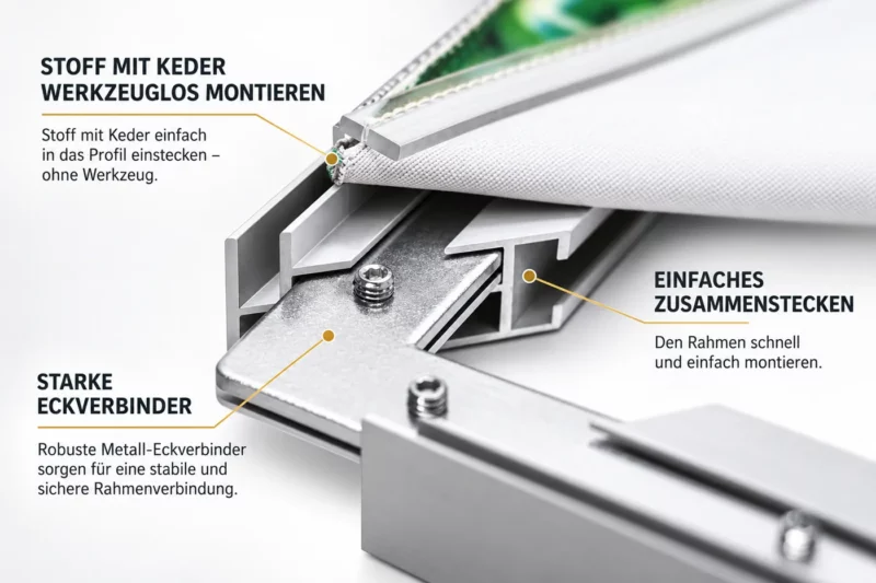 Detailansicht Aluminiumprofil eines Textilspannrahmens mit Metall-Eckverbinder und Madenschraube, Stoff mit Keder wird in die Profilnut gesteckt